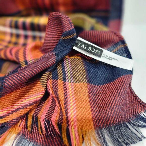 TALBOTS NAVY RUST GOLD PLAID LIGHTWEIGHT CLASSIC OBLONG SCARF - Picture 1 of 5